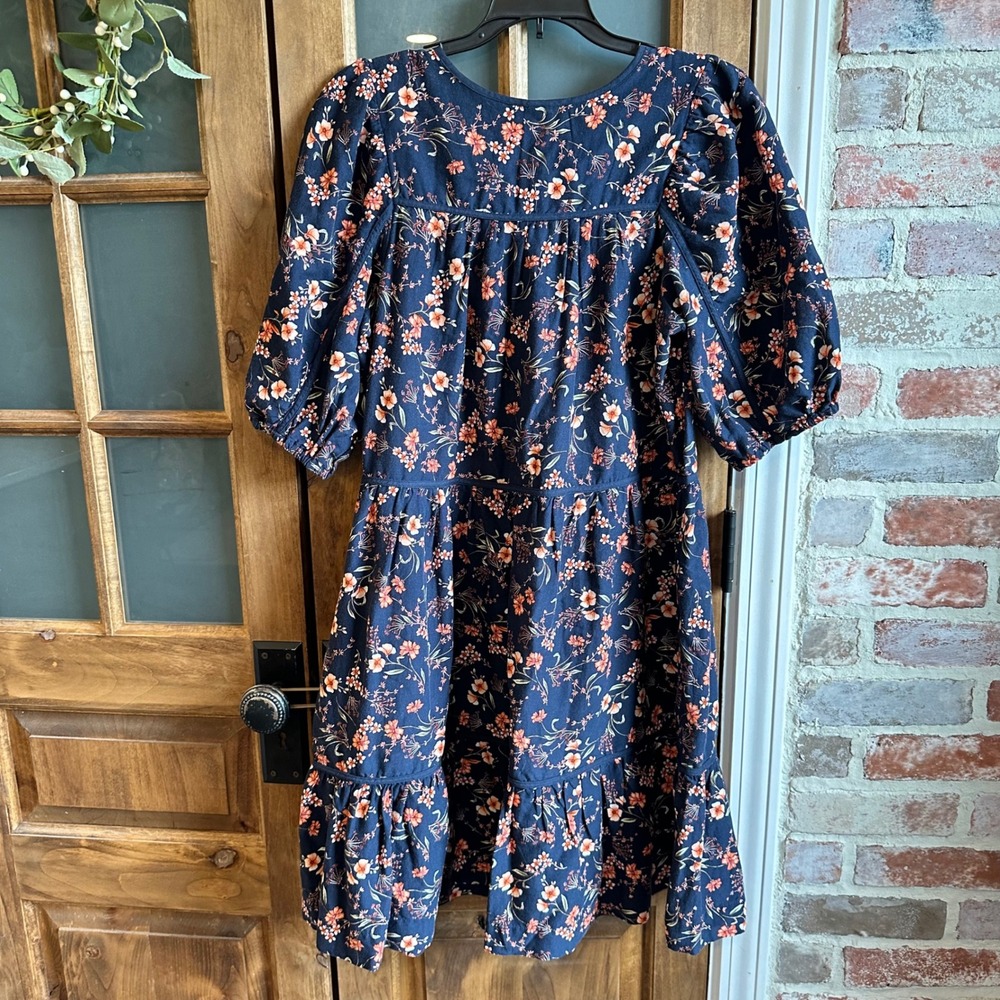 Old Navy Floral Babydoll Dress Women Size M Navy Blue Puff Sleeve V-Neck Tiered - Picture 9 of 11